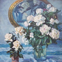 White Roses in a Vase on a Blue Table Cloth