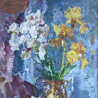 Irises in Golden Vase