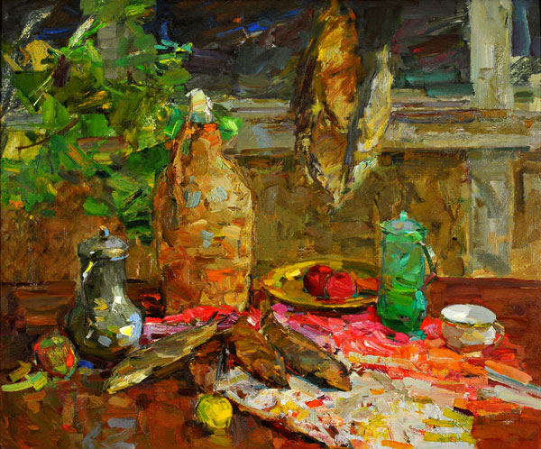 Fedor Zakharov: Still Life With Fish - Oil on Board