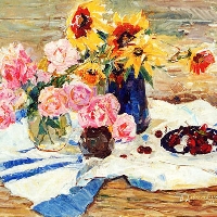 Still-Life with Roses, Sunflowers and Cherries