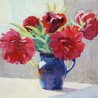 Red Peonies in Blue Vase